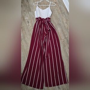 Blue Rain Women's Sleeveless White and Burgundy Striped Jumpsuit - S